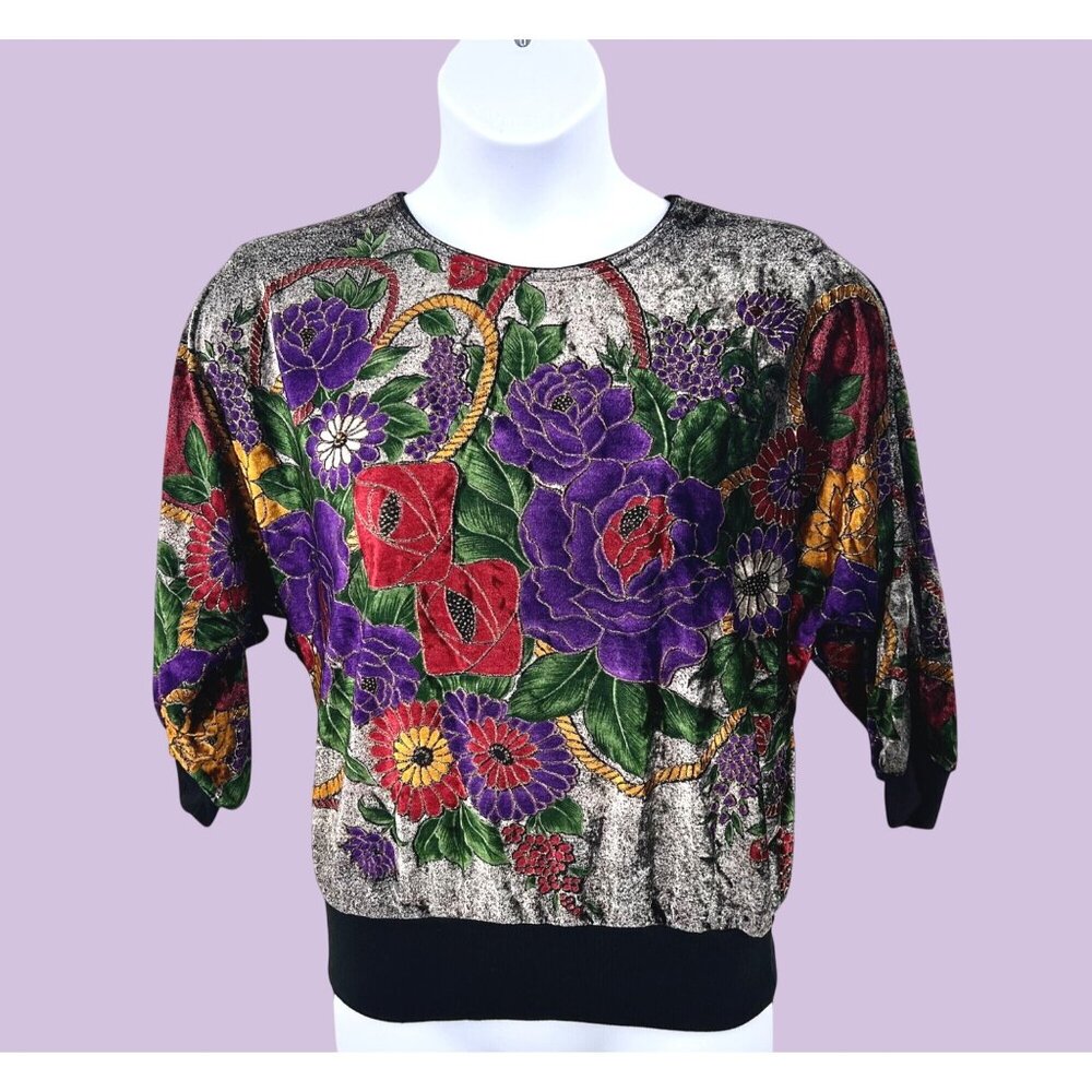 VINTAGE WESTERN CONNECTION VELOUR FLORAL GOLD GLITTER ACCENT DOLMAN SLEEVE TOP